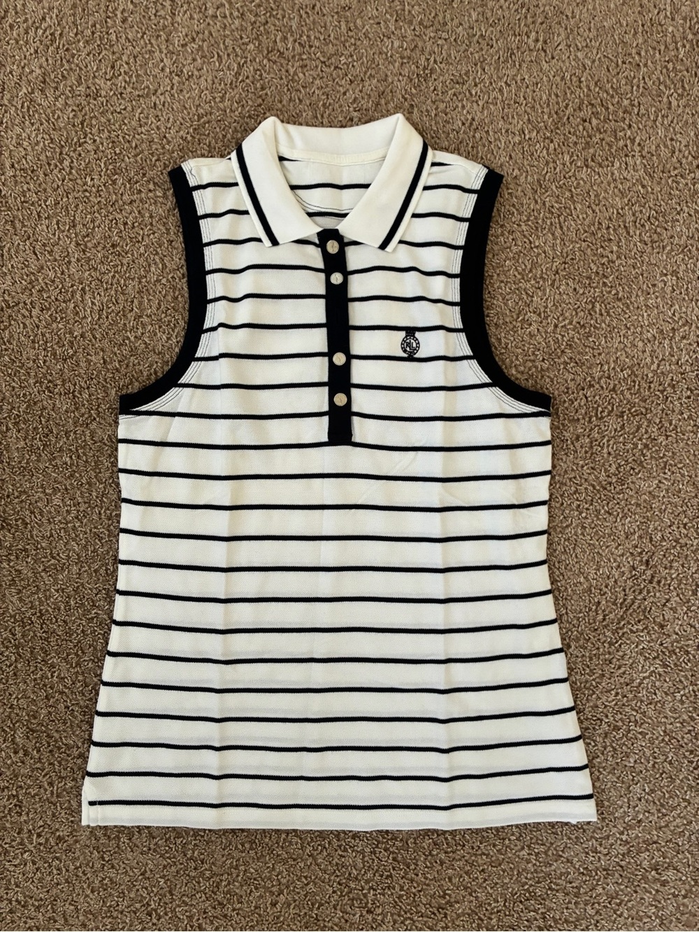 LRL Lauren Active Women’s Striped Collard 1/4 Button Sleeveless Top